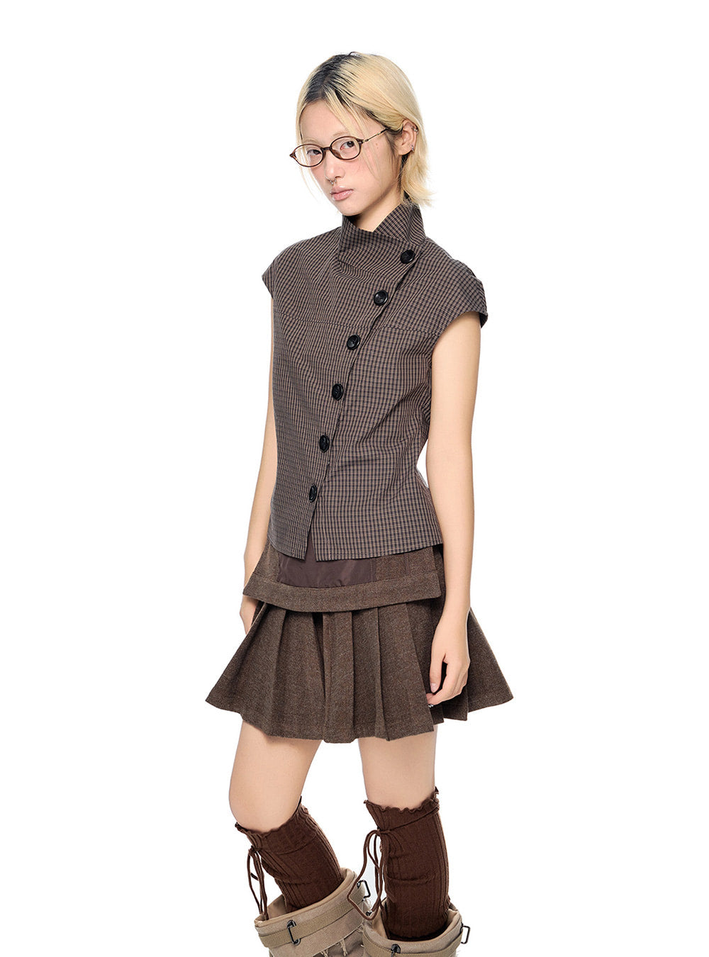 Tilt Button Check Slim Blouse Top
