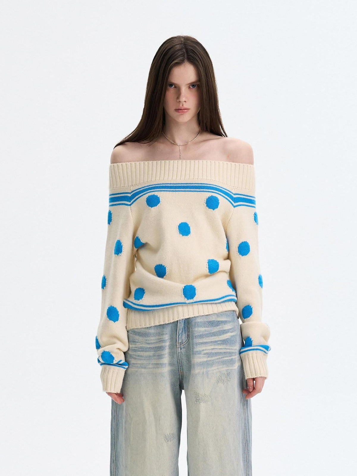 Cozy Thermal Acrylic Wool Polka Dot Boat Neck Relaxed Women Knit Sweaters