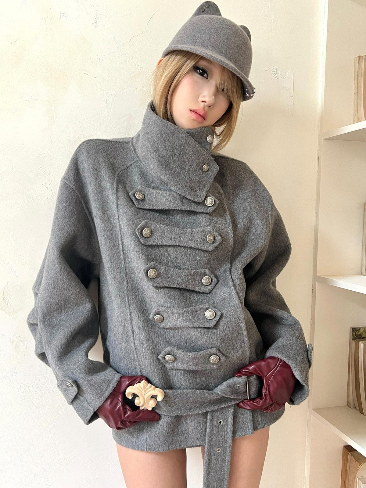 Warm Wool Blend Pleated Biker Collar Unisex Double Breasted Cropped Wool Coats
