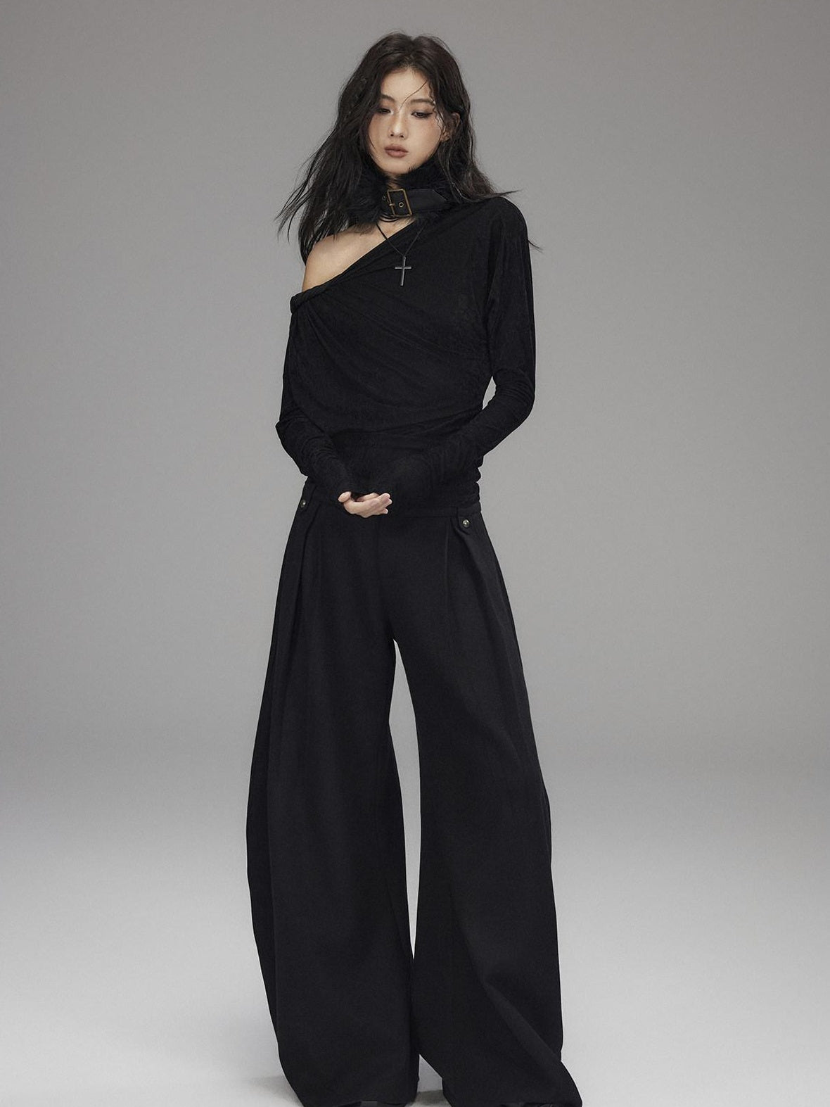Vintage Waist Long Sleeve Slant Neck Black Knit Women Off Shoulder Crop Tops