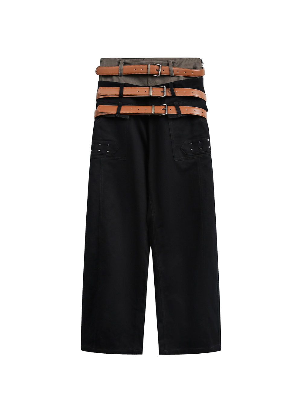 Triple Waist Belt Studded Wide Pants