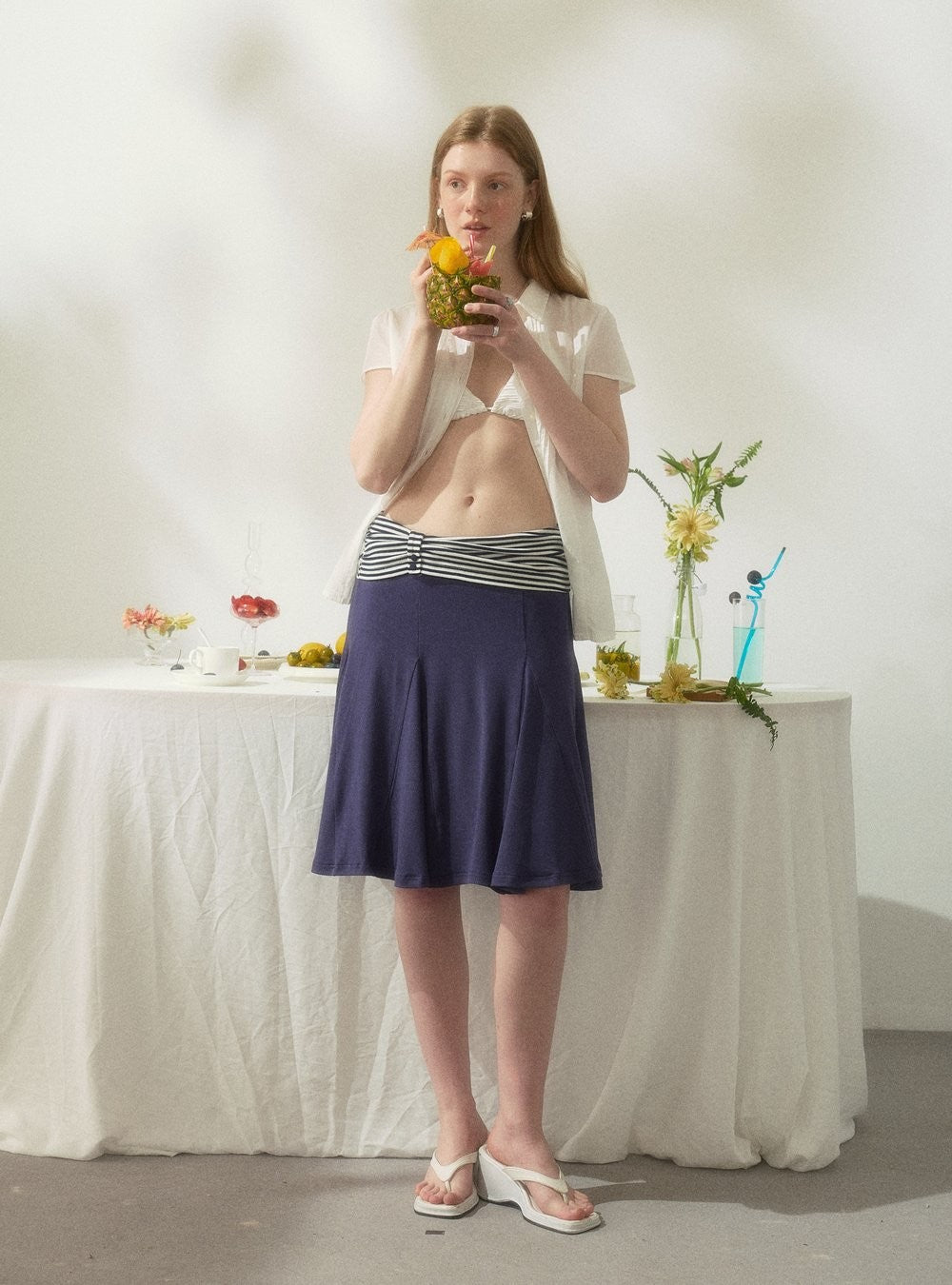 Navy Stripe Panel Flare Skirt