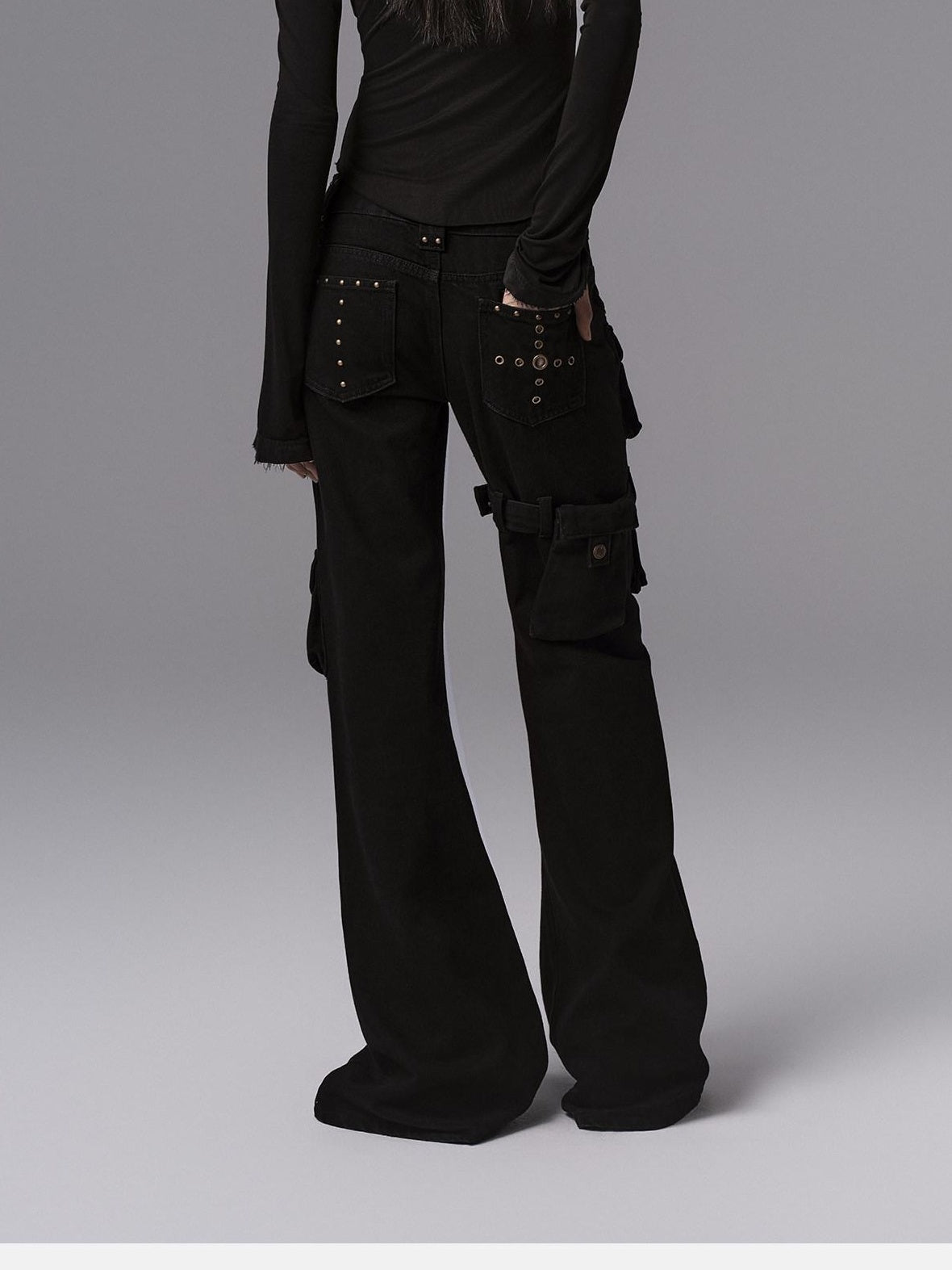 Dark Gothic Flared Mid Rise Pocketed Cotton Zip Fly Women Black Cargo Pants