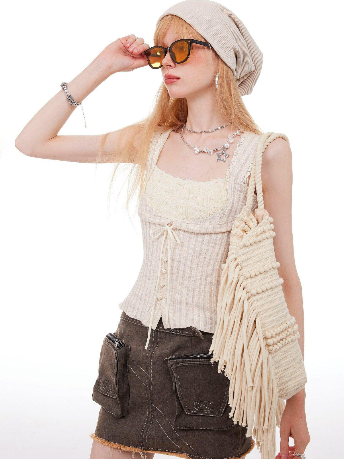 Lace Tie Patchwork Slim Crop Cotton Blend Casual Beige Solid Tank Camisoles