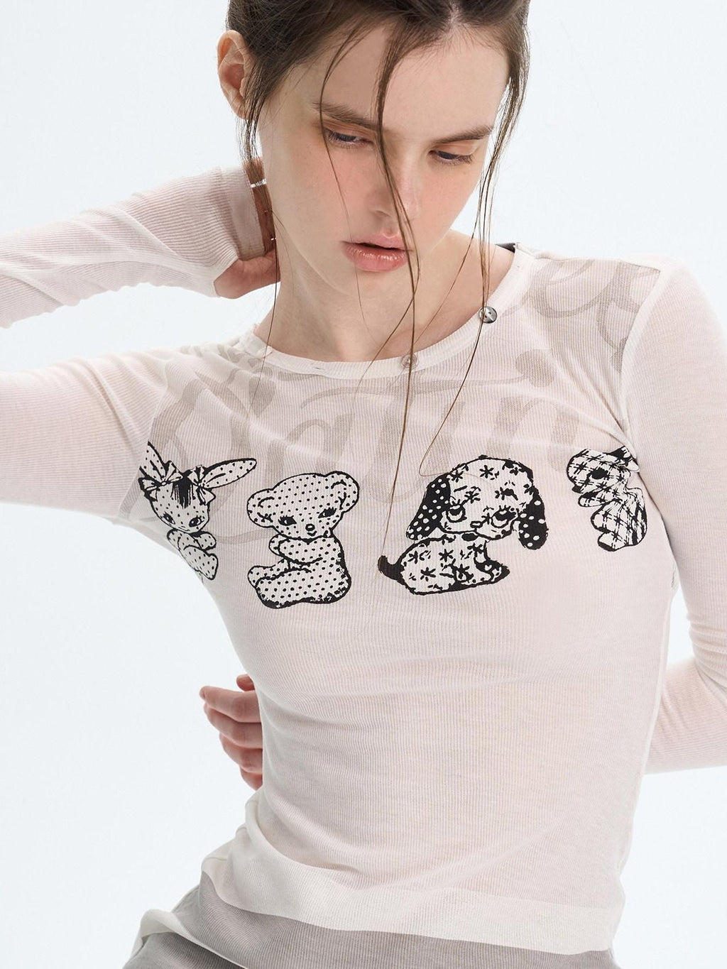 Sexy Slim Fit Drop Shoulder Crew Neck Knit White Grey Long Sleeve T-Shirts