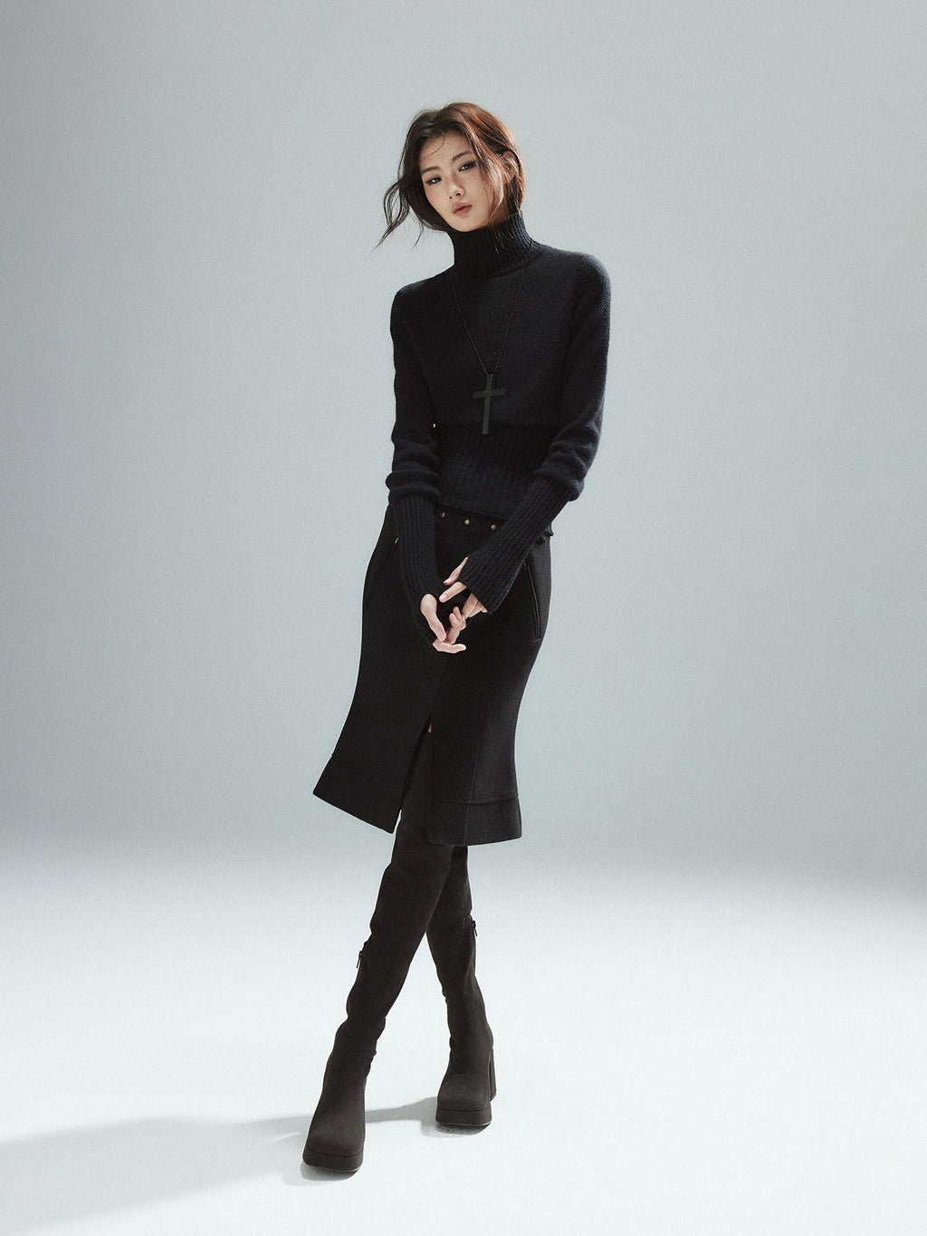 Wool Blend Lined Patchwork Hline Slim Low Waist Black Side Zip Midi Skirts