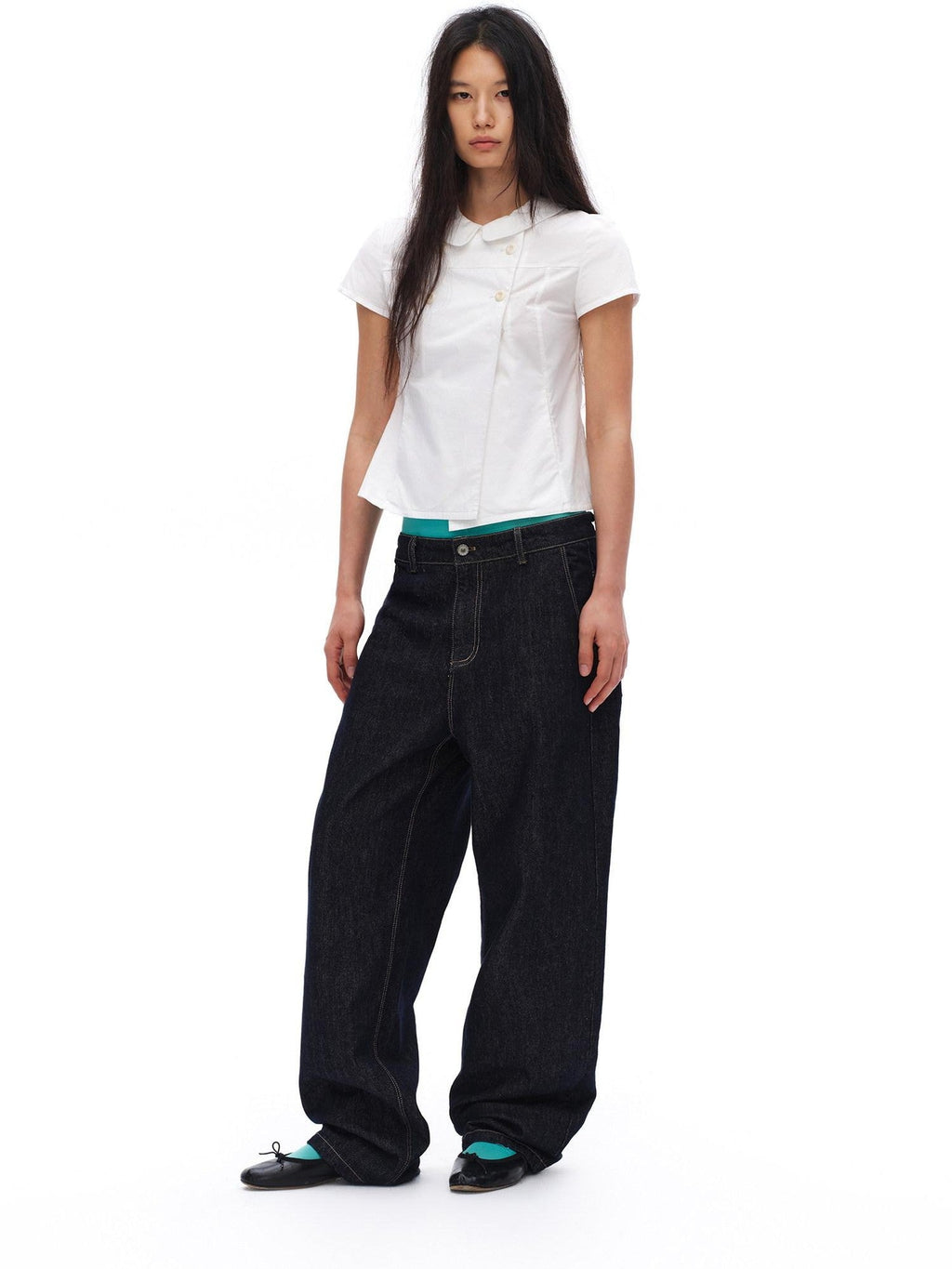 White Double Button Peter Pan Collar Slim Fit Short Sleeve Women'S Cotton Shirts