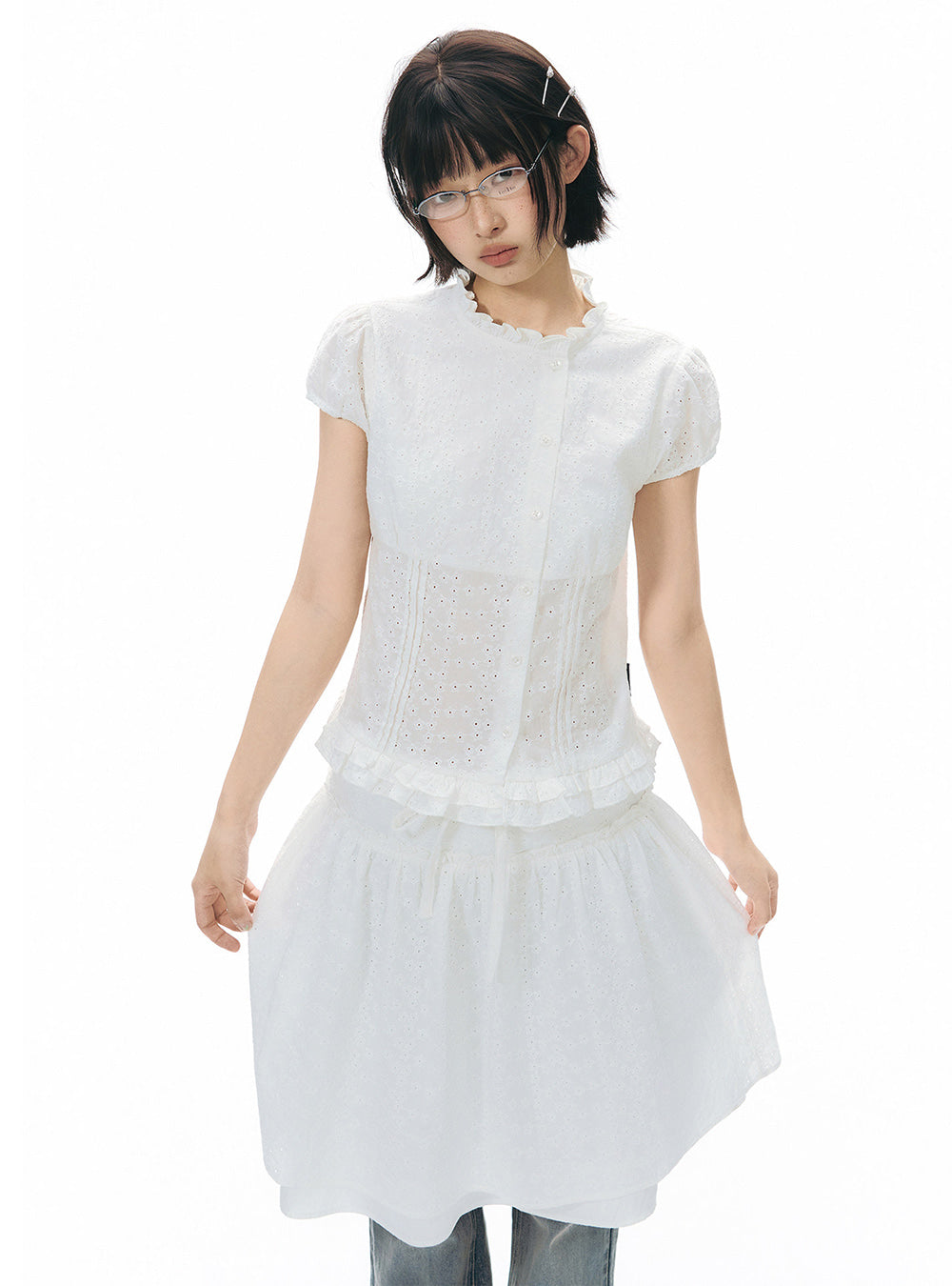 Frill Waist Panel Button Blouse (2color)