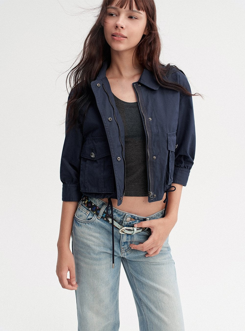 Navy Drawstring Crop Jacket