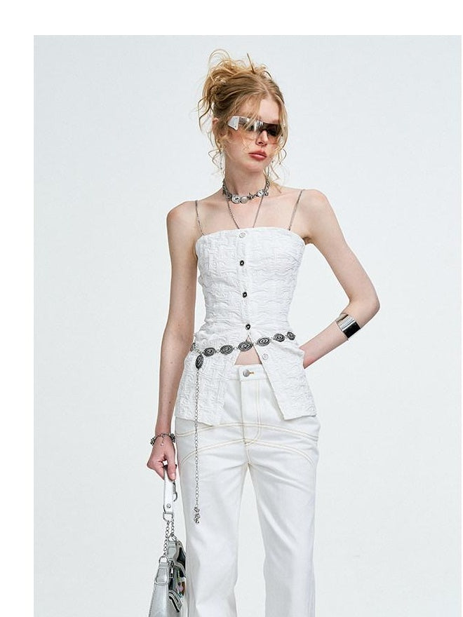 3D Chain Ruffle Button Original Slim Fit Cotton Blend Solid White Camisoles
