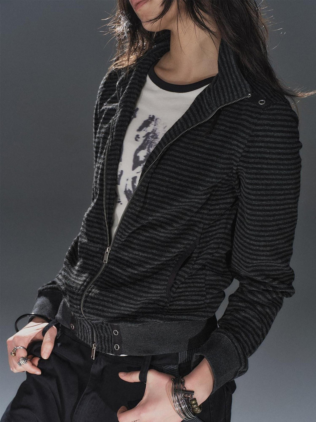 Black Gray Striped Eyelet Tape Splice Punk Women'S Polyester Casual Jackets