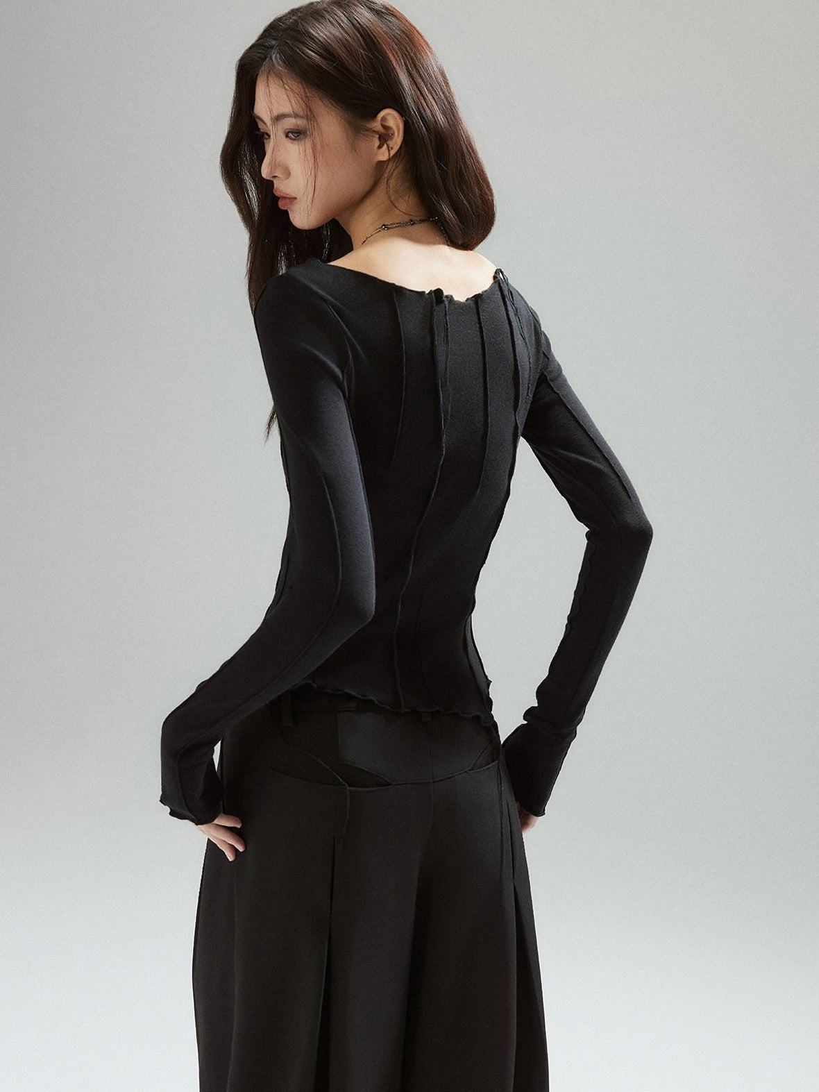 Patchwork V-neck Slim Street Girls Lyocell Black Long Sleeve T-Shirts