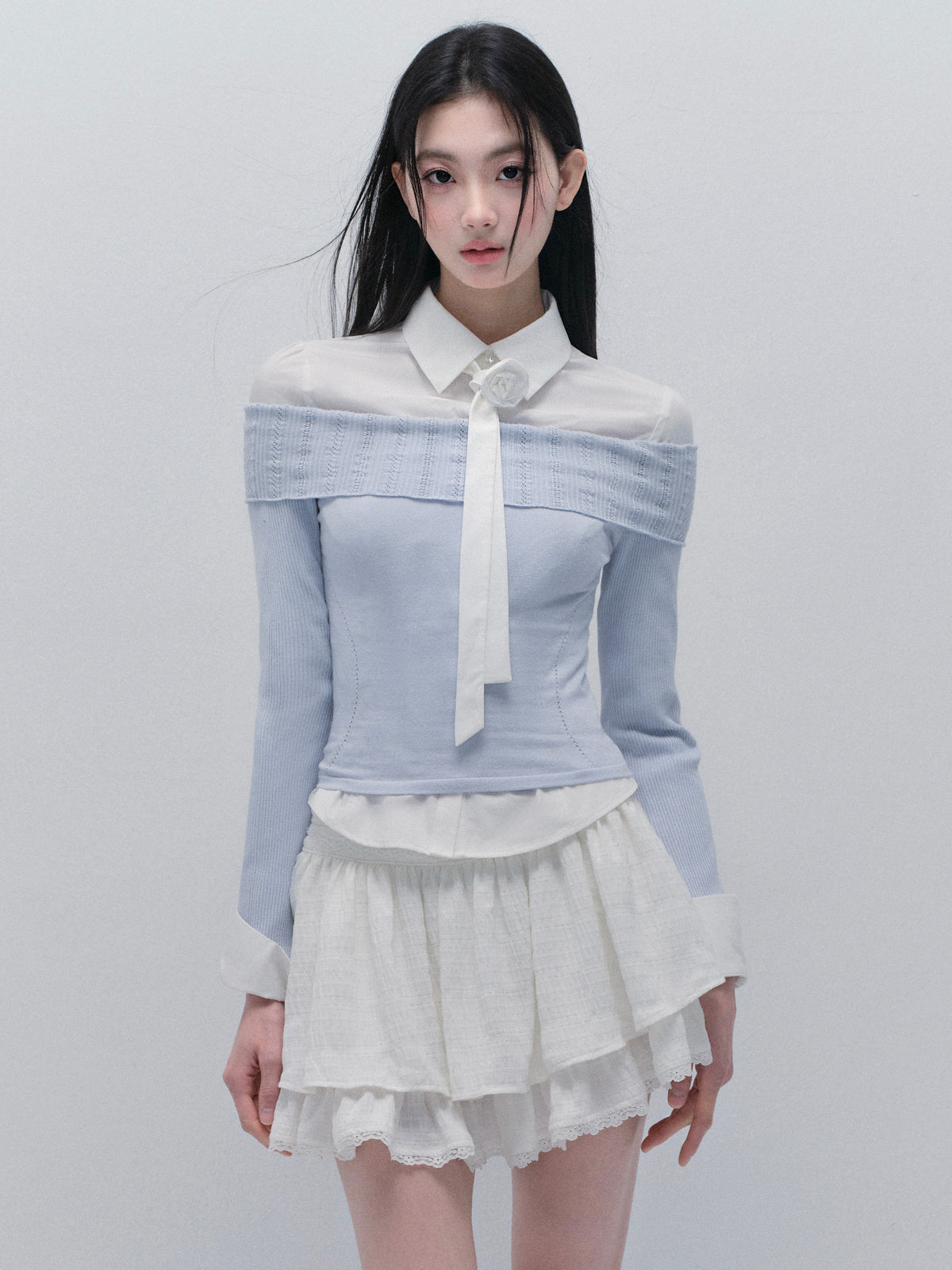 Tailored Shirt With Removable Rose Tie And Skirt
