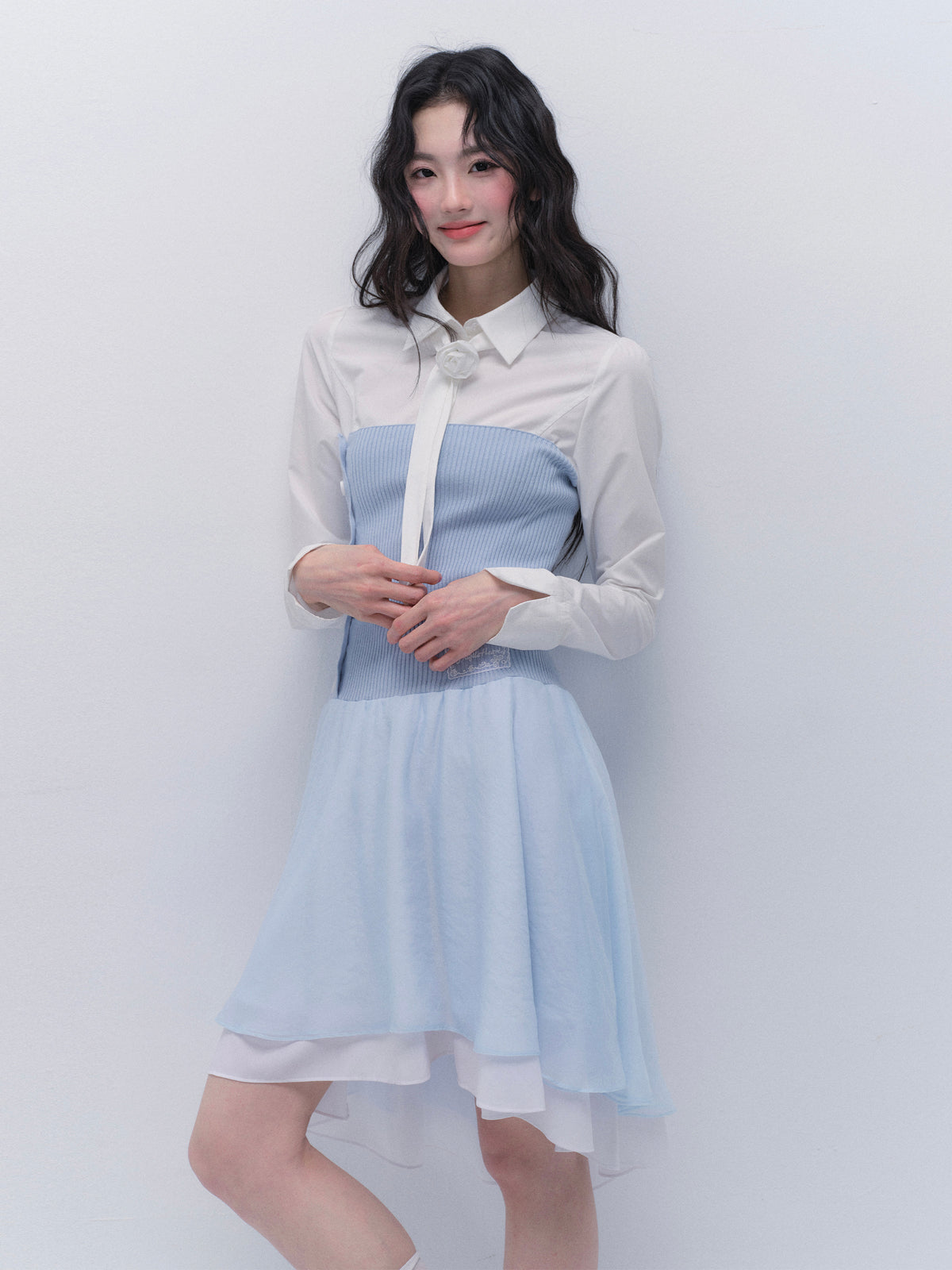 Tailored Shirt With Removable Rose Tie And Skirt