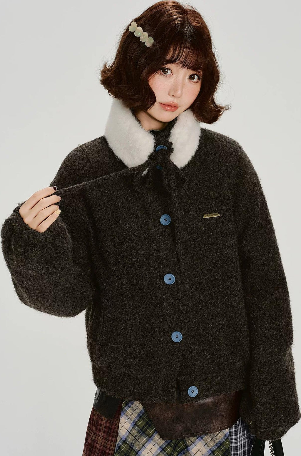 Girlyhalo |  RETRO FUR COLLAR TWEED JACKET【ID:TN00012】