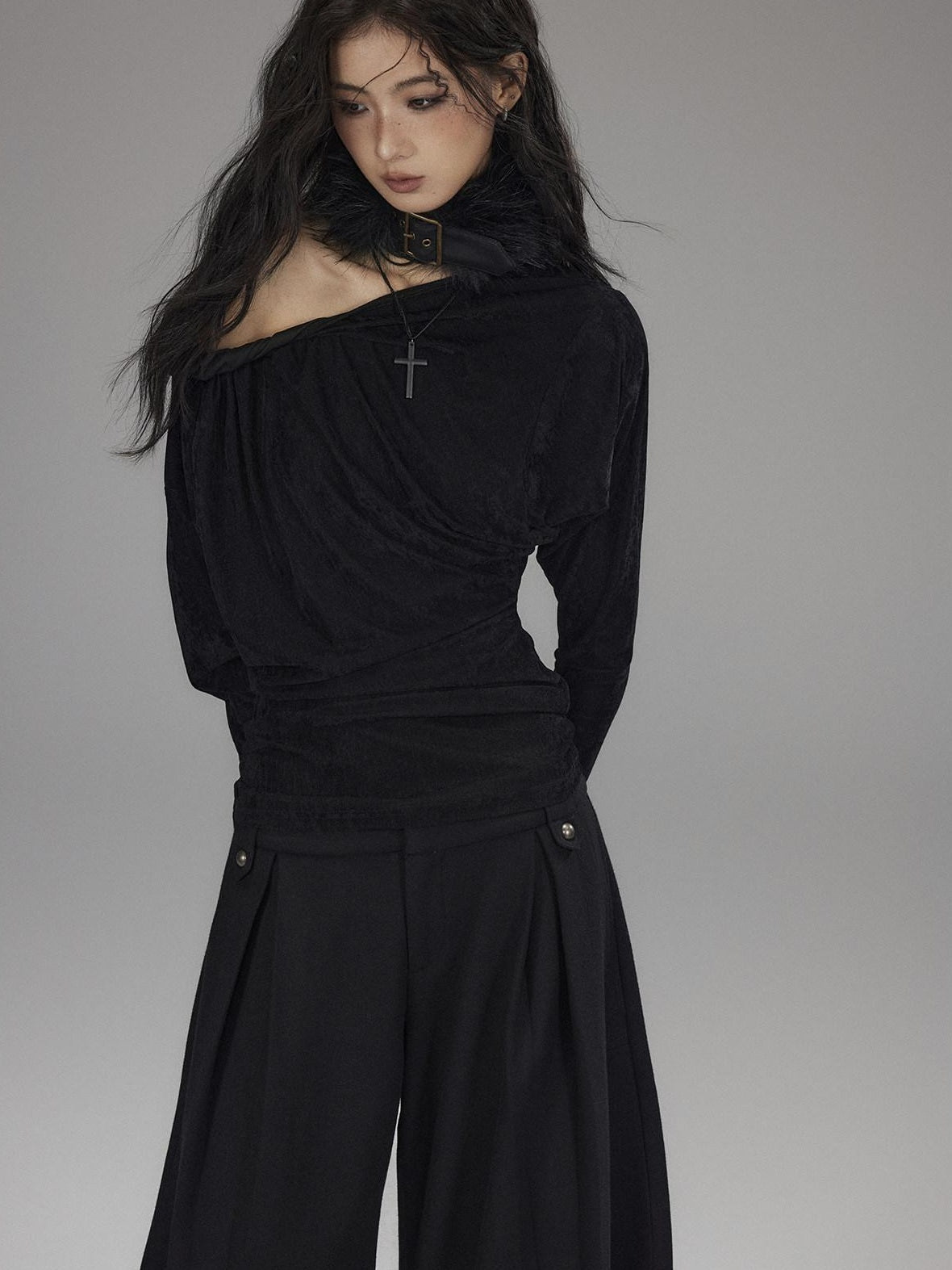 Vintage Waist Long Sleeve Slant Neck Black Knit Women Off Shoulder Crop Tops