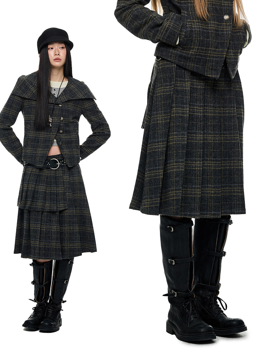 Wool Check Hood Jacket & Pleated Skirt