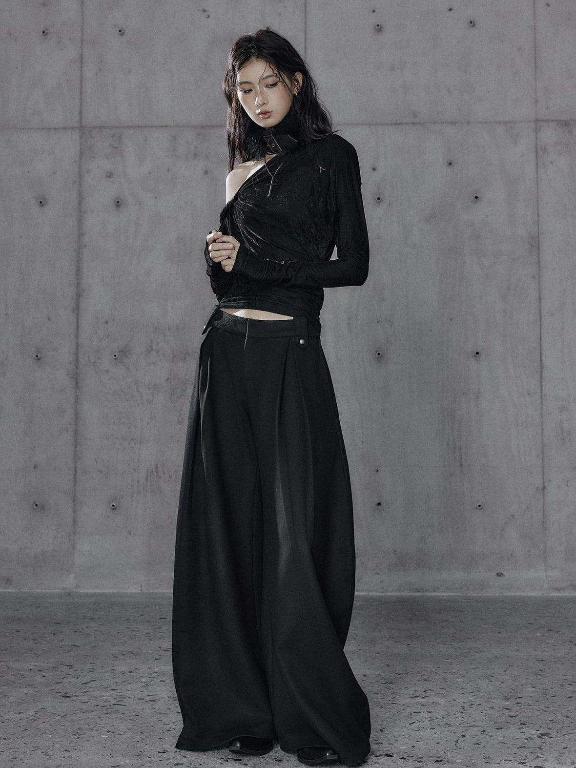Black Wool Blend Low Rise Zipper Casual Straight Hem Women Wide Leg Pants