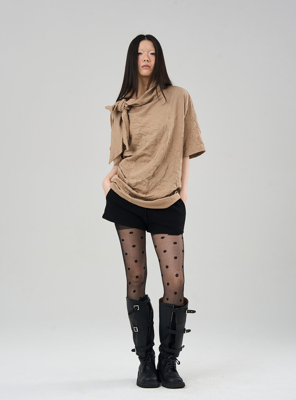Tie-Neck Detail Crinkled Knit Tee (3color)