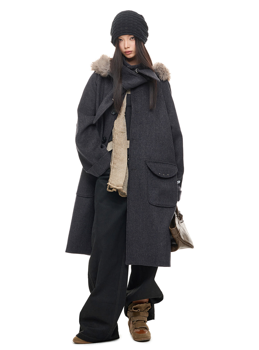 Detachable Fur Hood Mid-Length Wool Coat