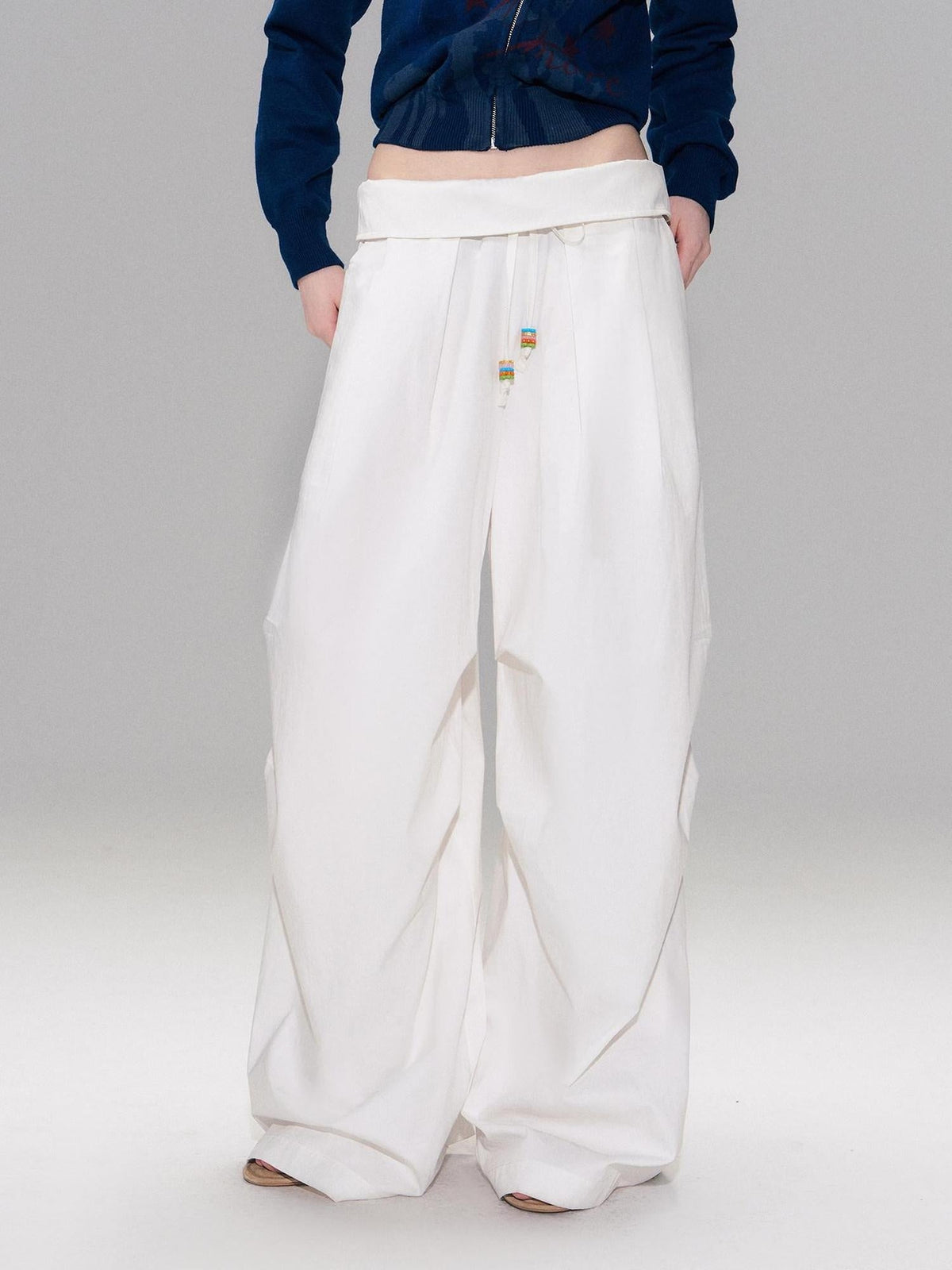 Cotton Blend Vintage Curved Cut Natural Waist Women White Wide Leg Pants
