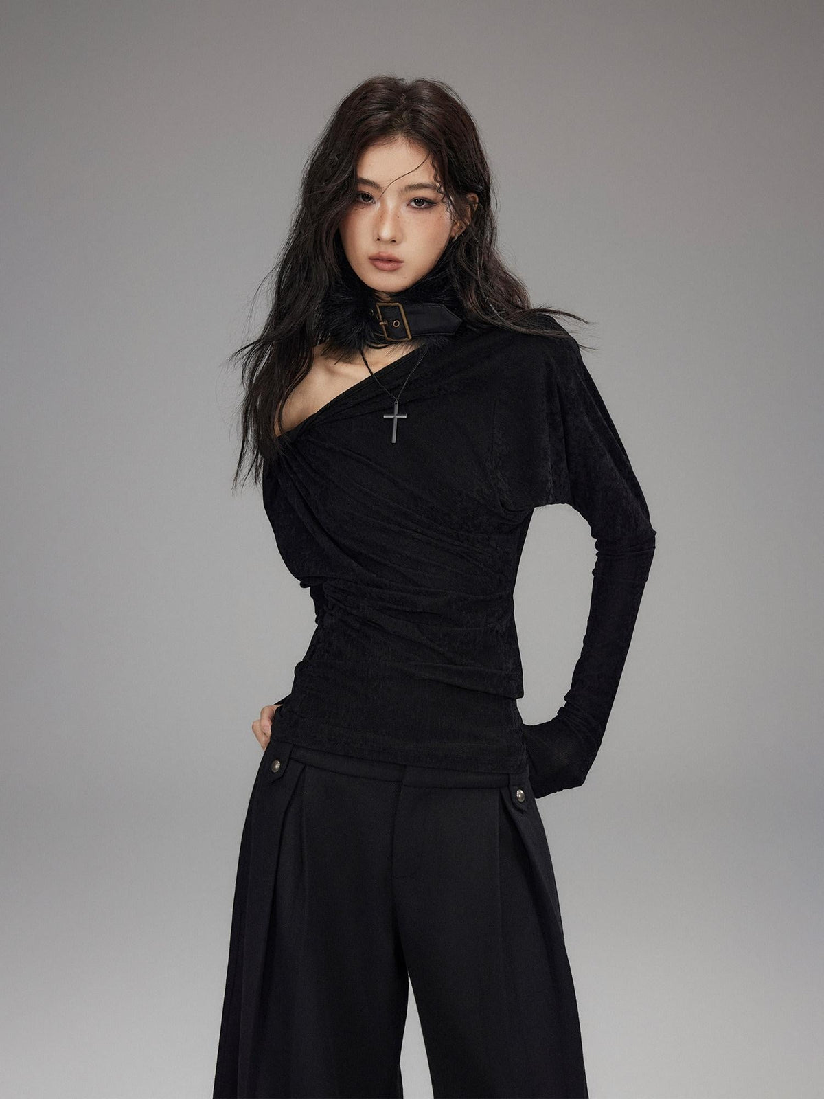 Vintage Waist Long Sleeve Slant Neck Black Knit Women Off Shoulder Crop Tops
