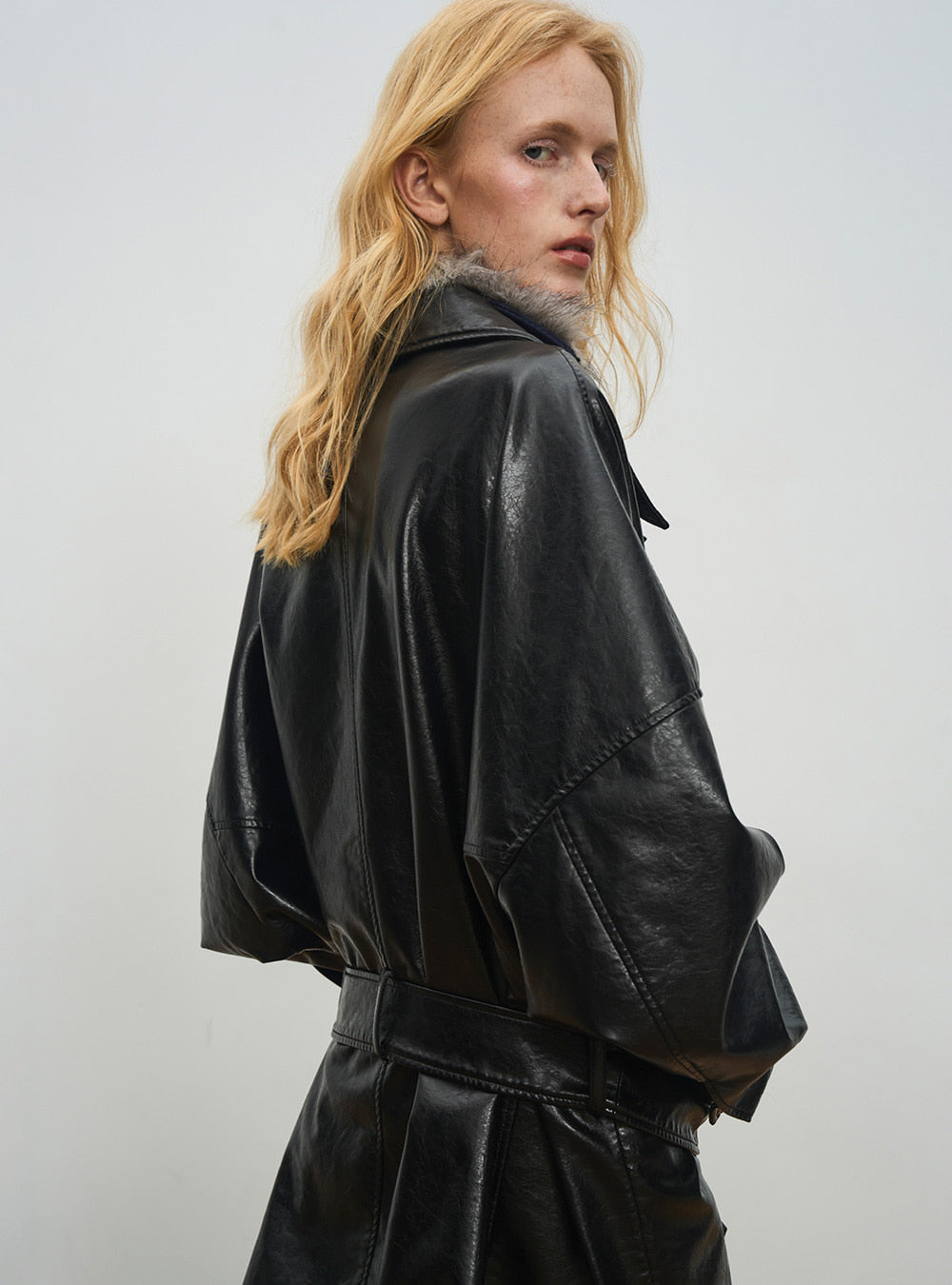 Glossy Black Belted Long Leather Coat