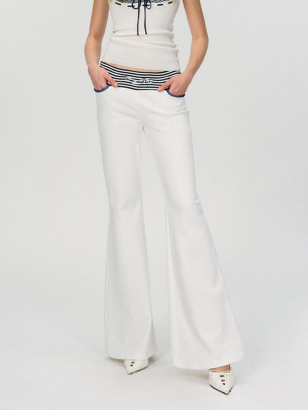 Comfortable Casual Cotton Blend Slight Flare Mid Rise Women White Straight Pants
