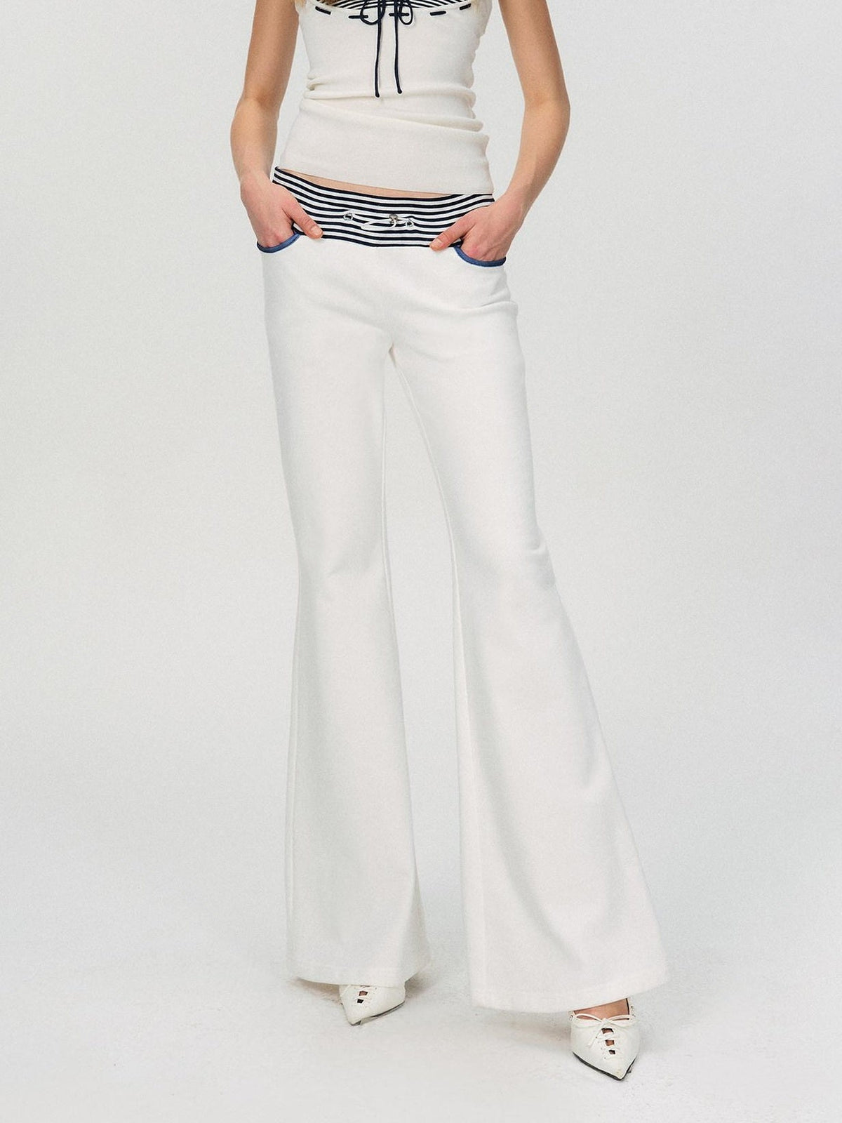 Comfortable Casual Cotton Blend Slight Flare Mid Rise Women White Straight Pants