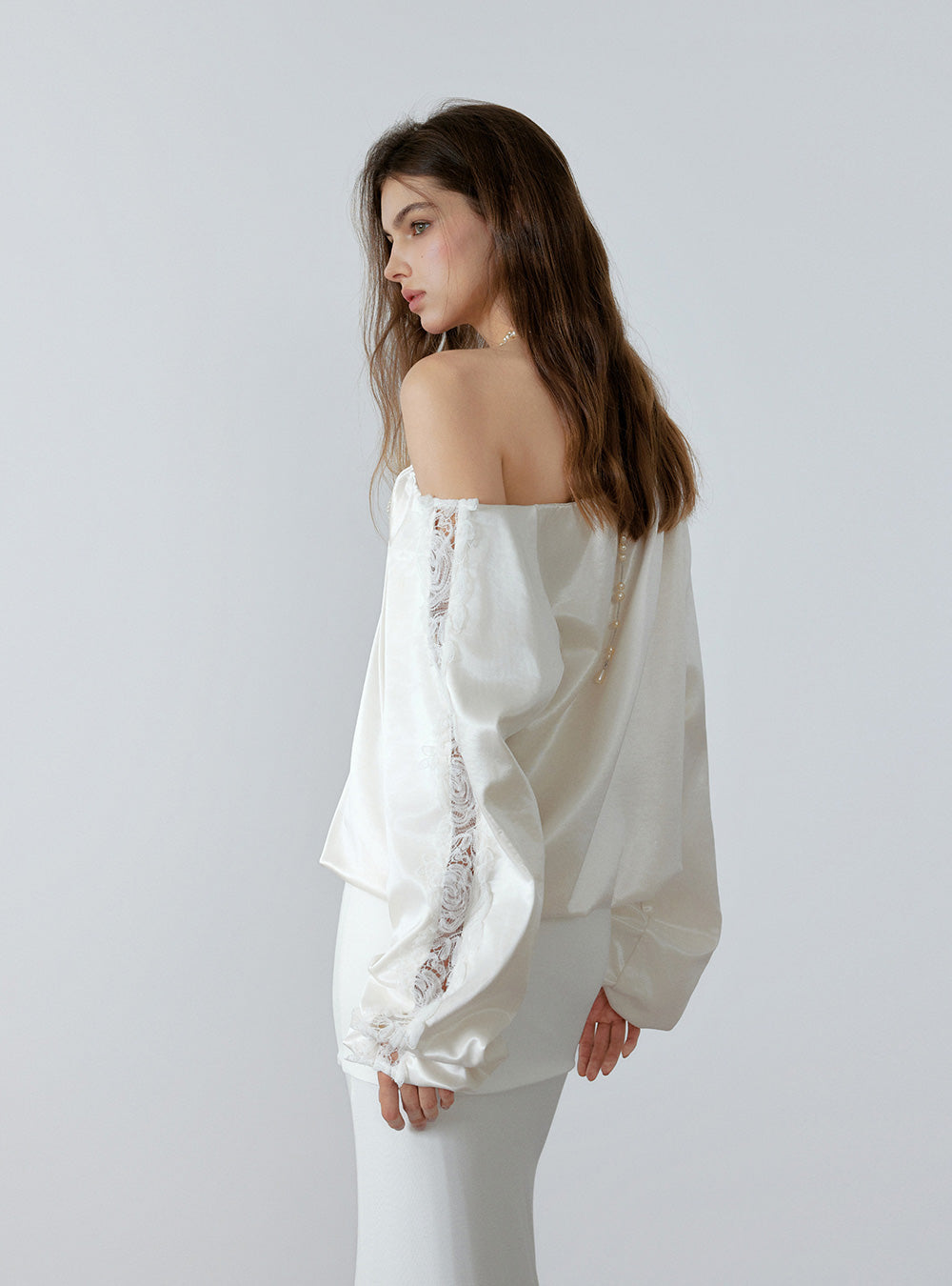 Matte Satin One-Shoulder Lace Top