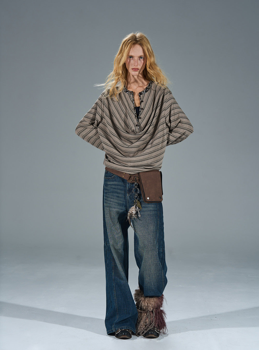 Brown Stripe Loose-Fit Stand Collar Top