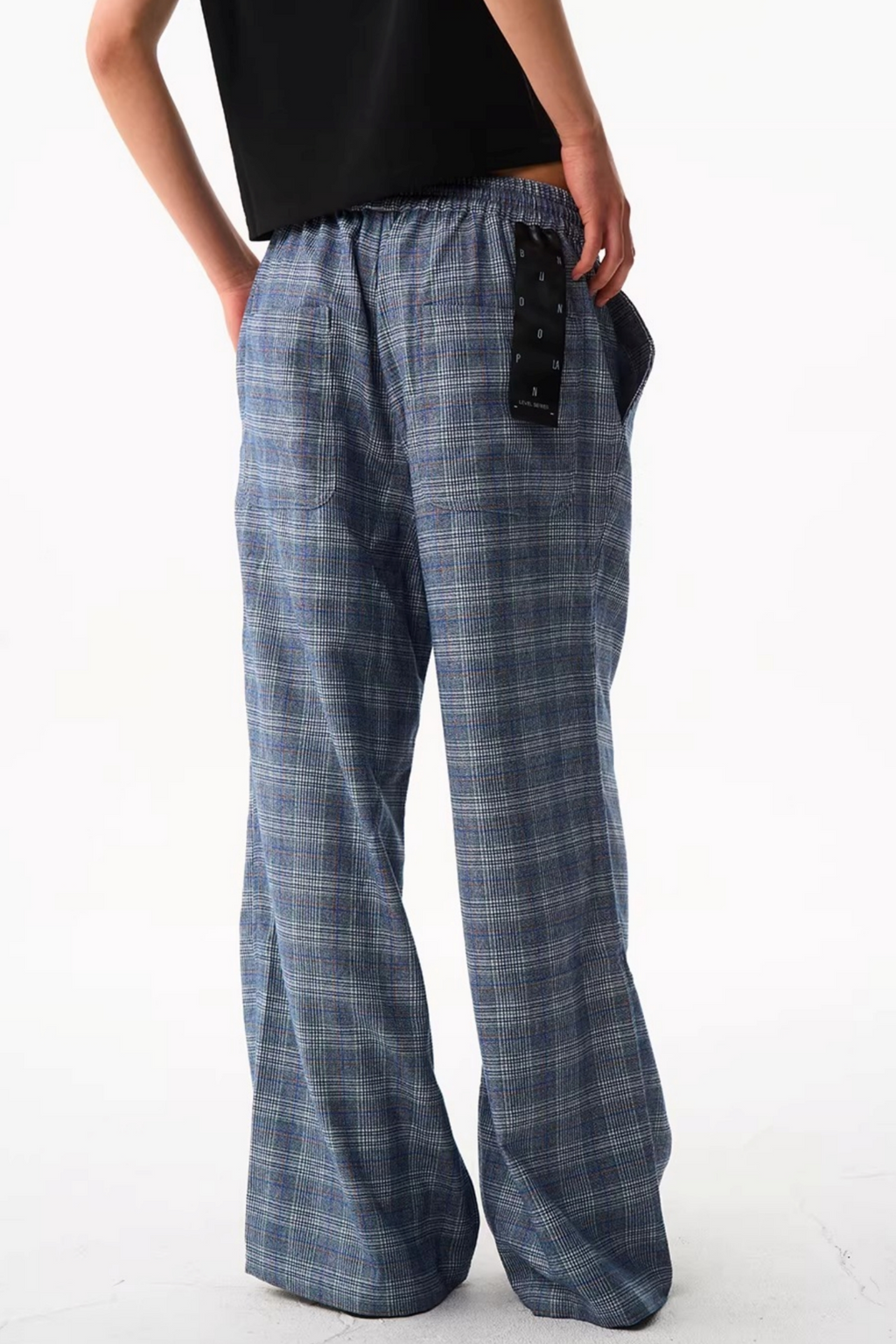 Blue Plaid Wide-Leg Pants