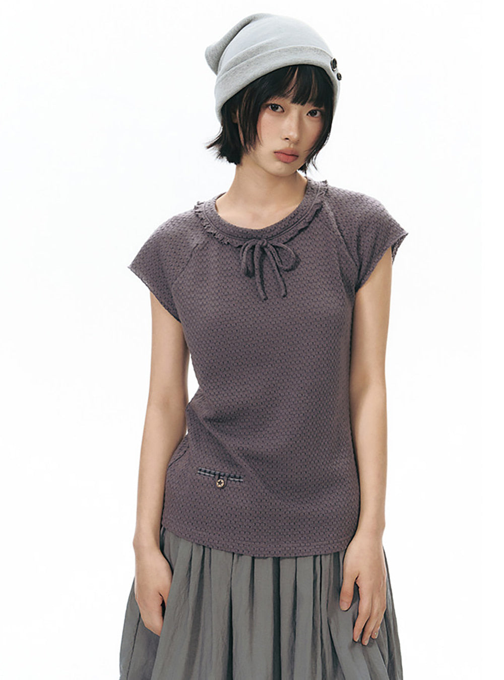 Grayish Purple Ribbon Neck Top