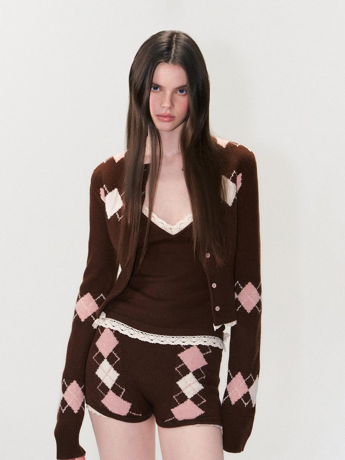 Cashmere Blend Sexy Argyle Button Cardigan Shorts Women Top & Shorts Sets
