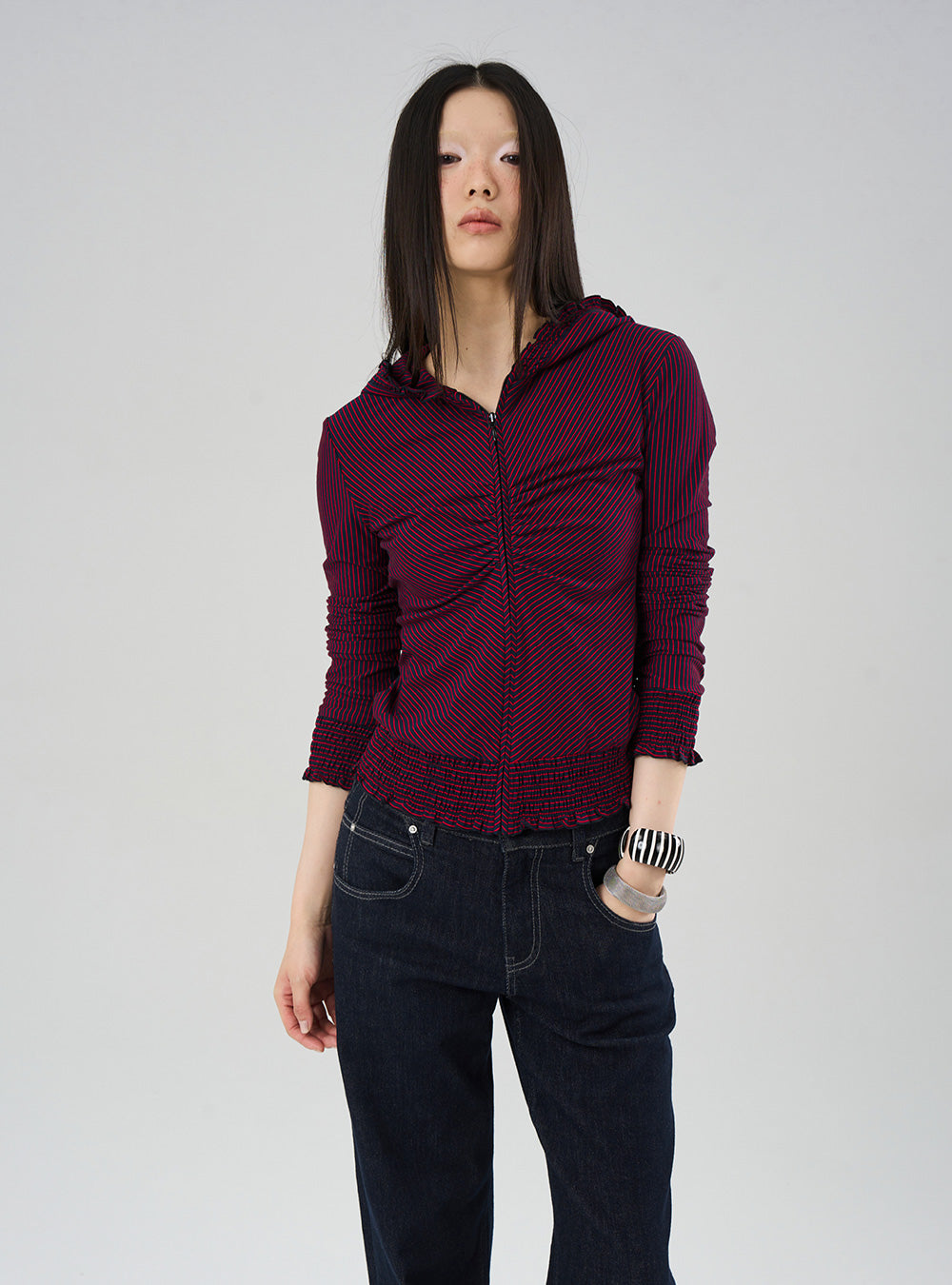 Lace Waist Shirring Stripe Zip-Up Hoodie (2color)