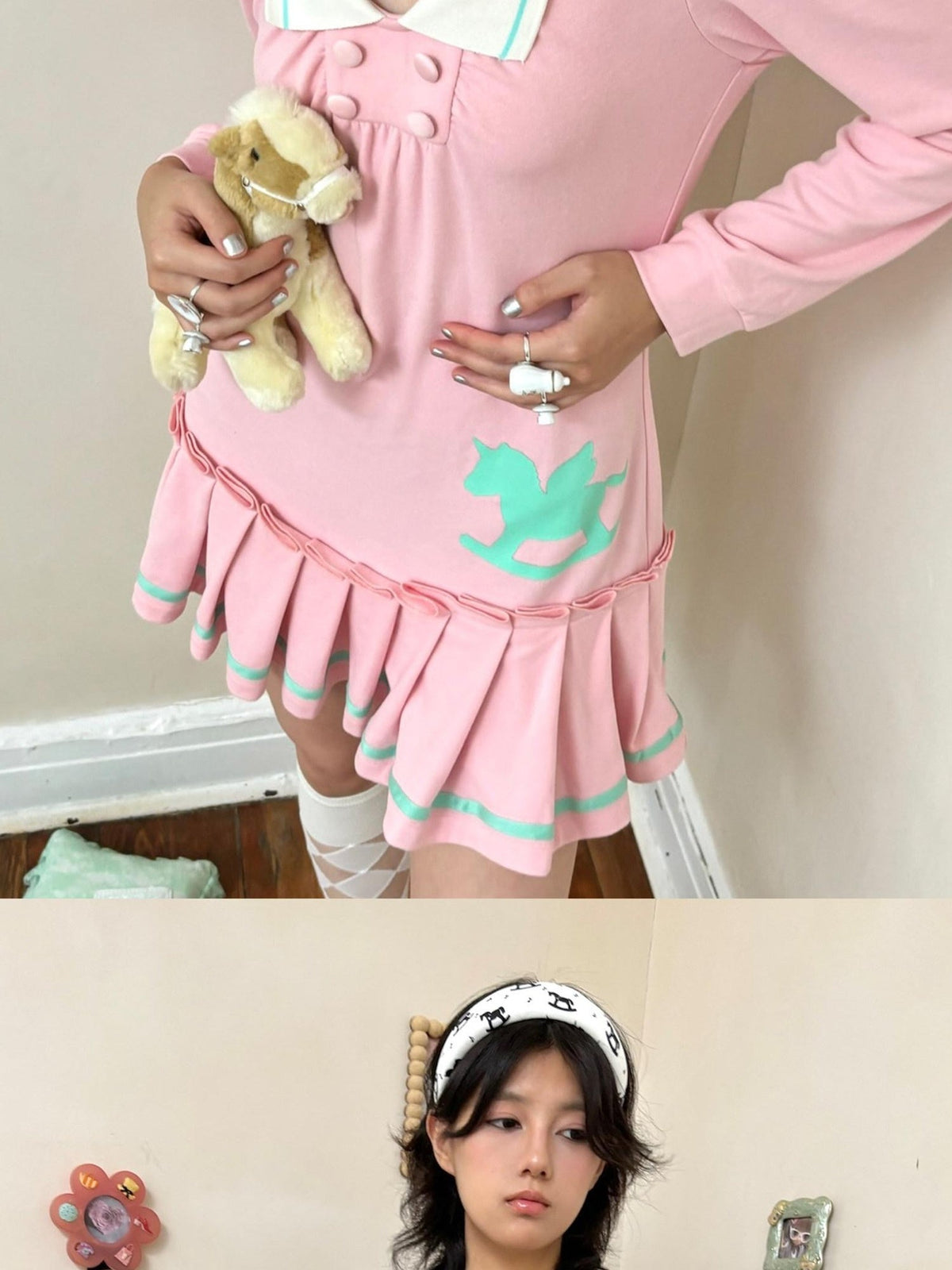 Cute Bubble Sleeve Doll Collar Pleated Casual Striped Mint Pink Mini Dresses