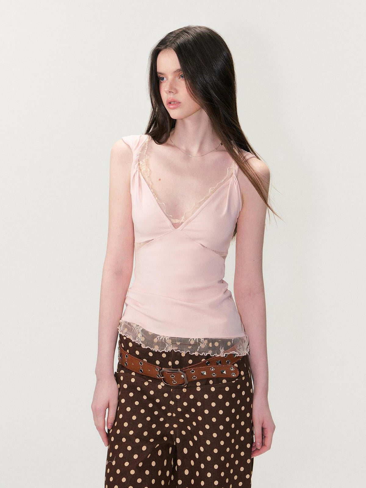 Soft Lace Slim Fit V-neck Stretch Cotton Tencel Women Pink Camisoles