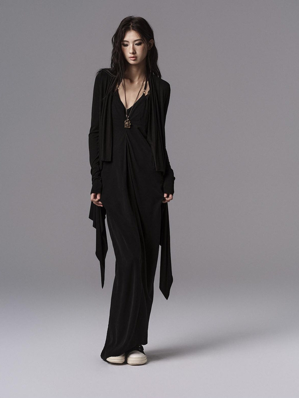 Pure Cupro Slim Fit Dark Gothic Vneck Camisole Women Black Zip Back Maxi Dresses