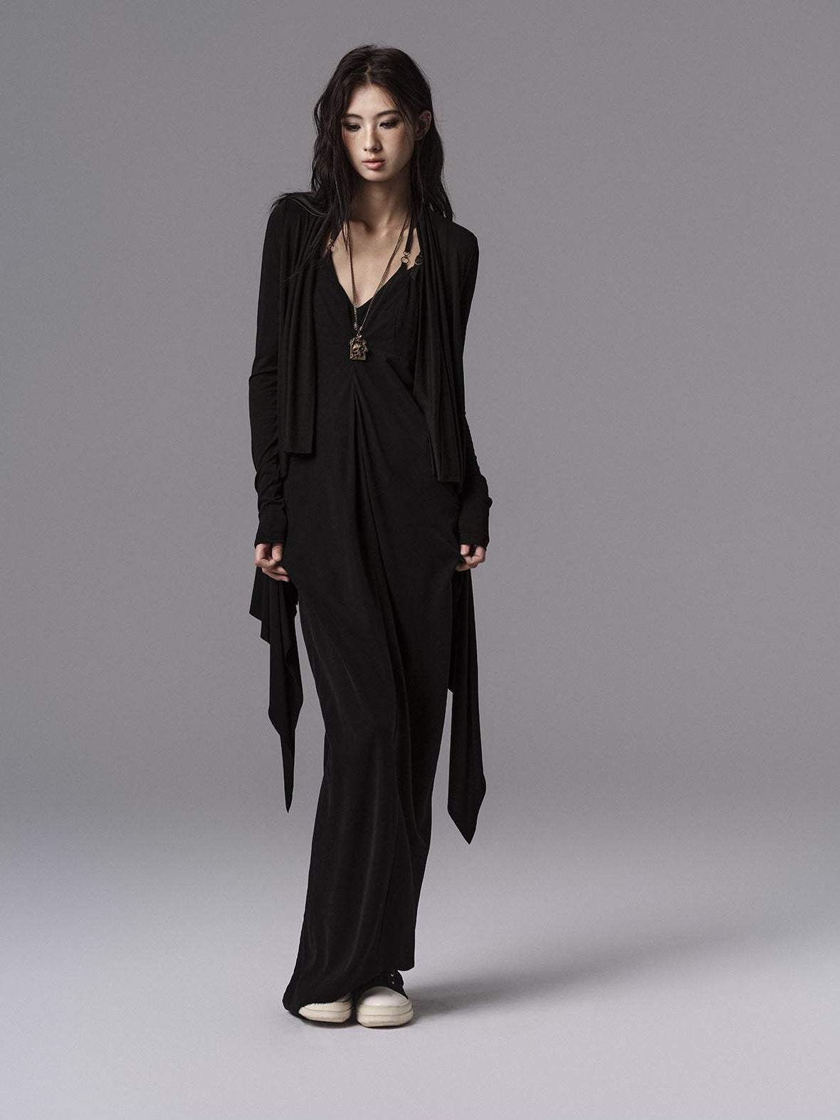 Pure Cupro Slim Fit Dark Gothic Vneck Camisole Women Black Zip Back Maxi Dresses