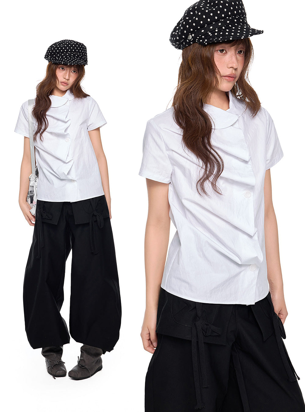 Oblique Fold Drape Blouse Top (3color)