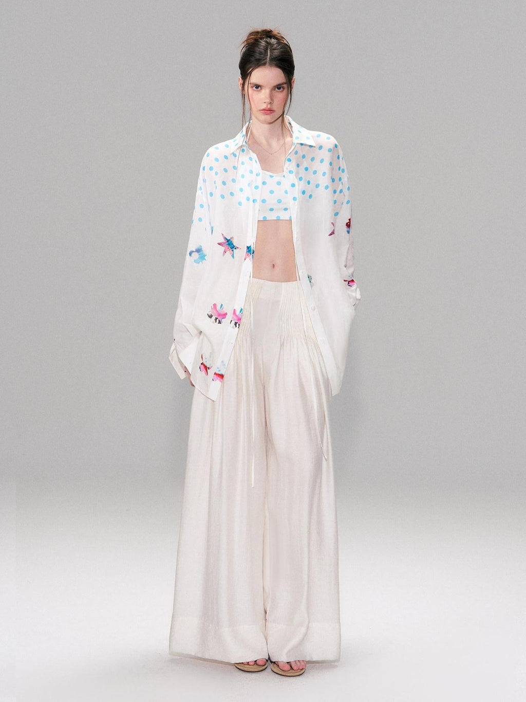 Soft Breathable Linen Blend Relaxed Drop Shoulder Polka Dot Long Sleeve Shirts