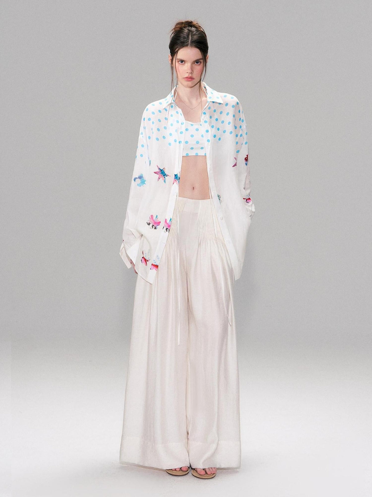 Soft Breathable Linen Blend Relaxed Drop Shoulder Polka Dot Long Sleeve Shirts