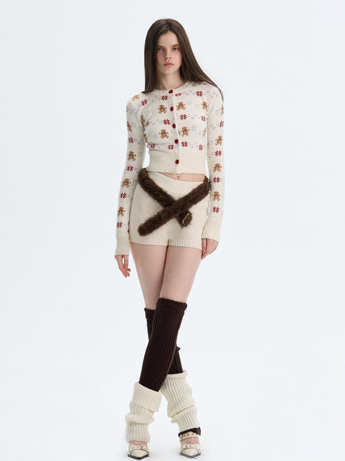 Cashmere Blend Bear Jacquard Cute Slim Cropped Crewneck Knitwear Cardigans