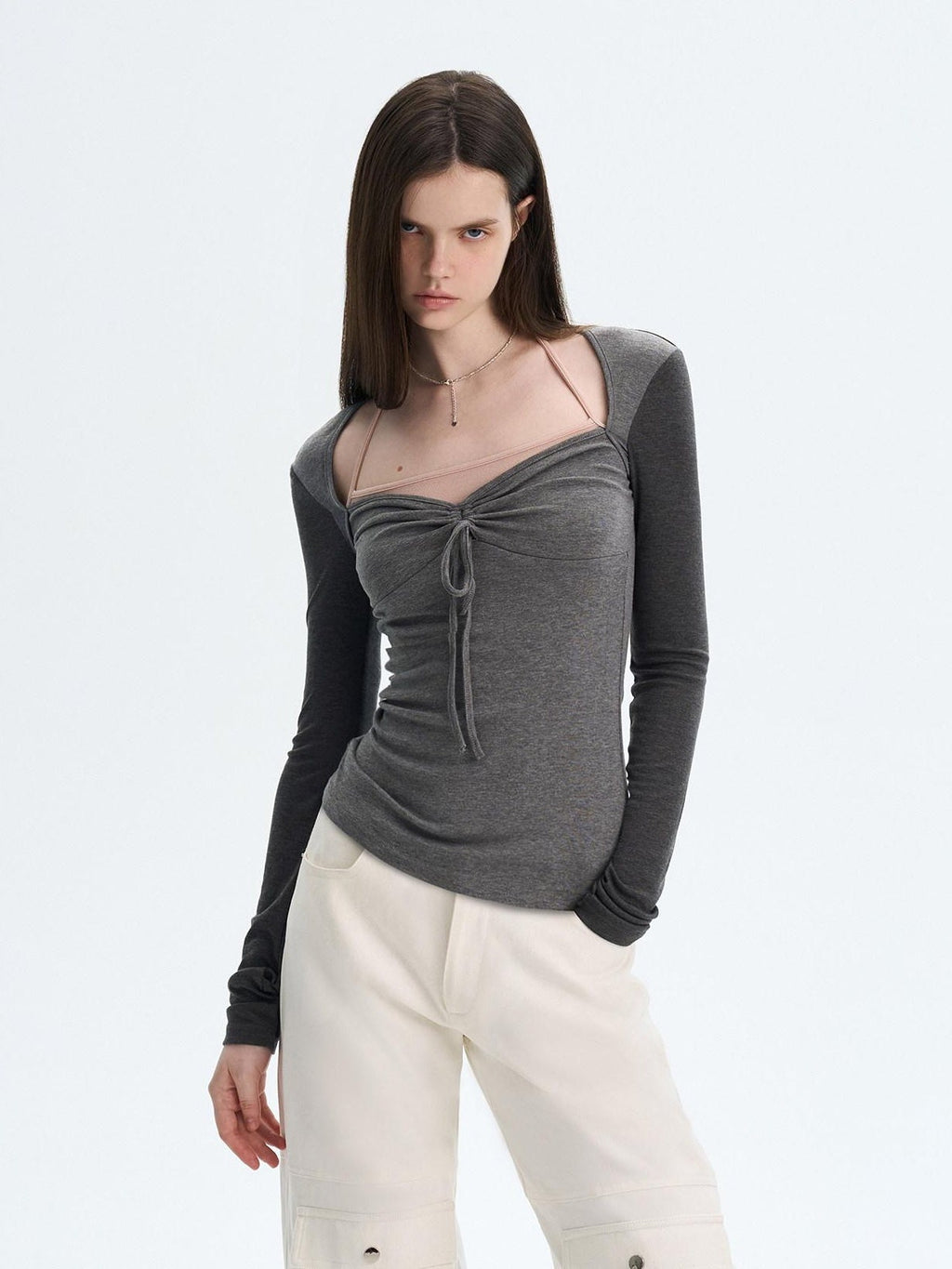 Soft Cotton Blend Printed Square Neck Fitted Women Long Sleeve Crop Tops