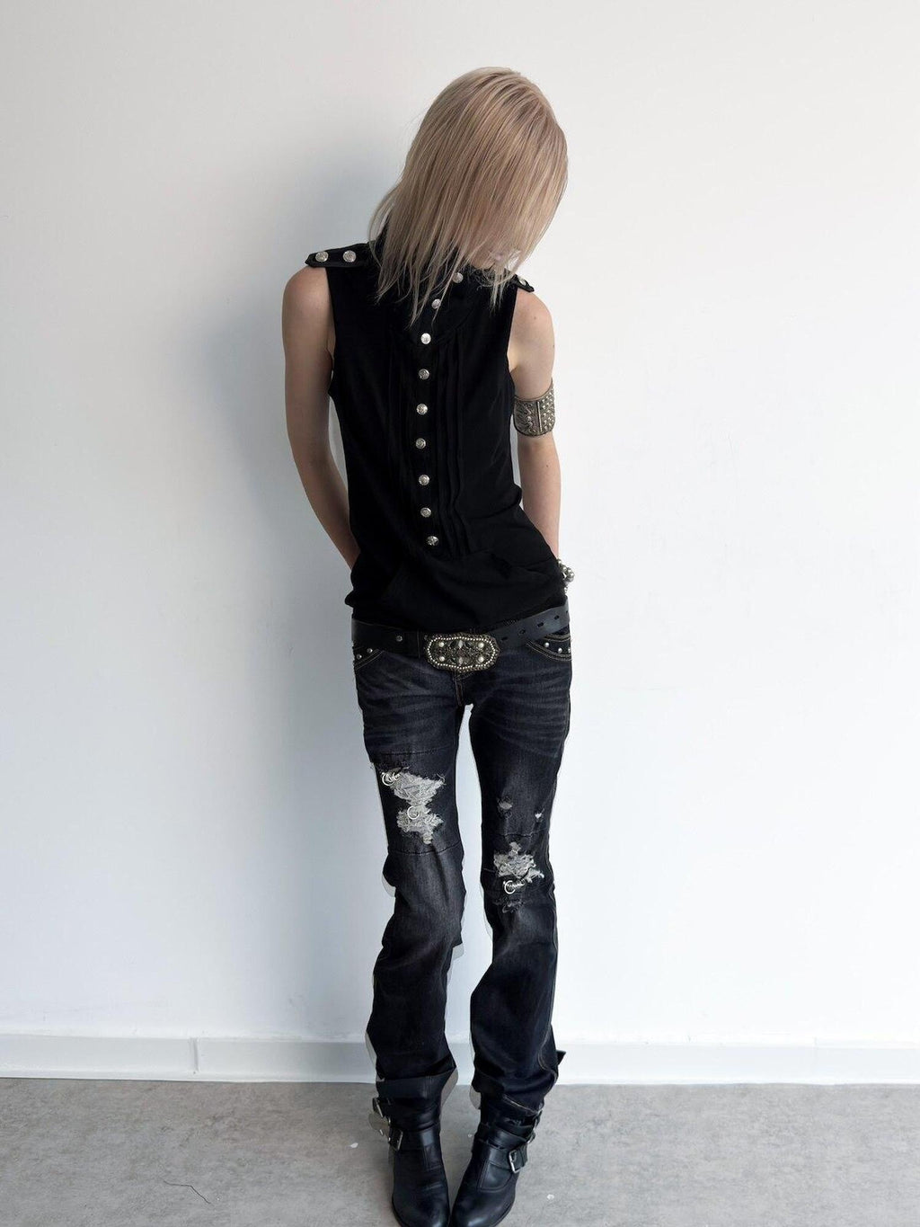 Metal Button Epaulet Convertible Half High Neck Women'S Cotton Blend Tank Tops