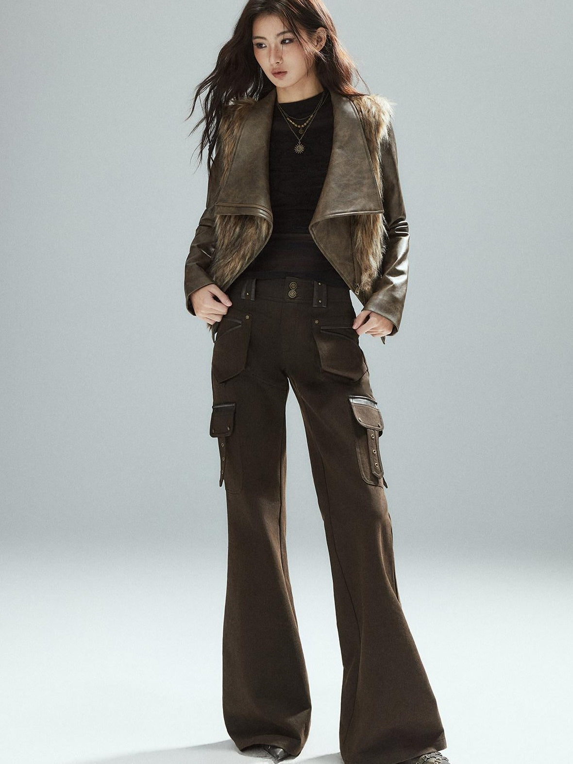 Thick Waist Cinch Patchwork Street Style Women Brown Zipper Lapel Cropped Jackets