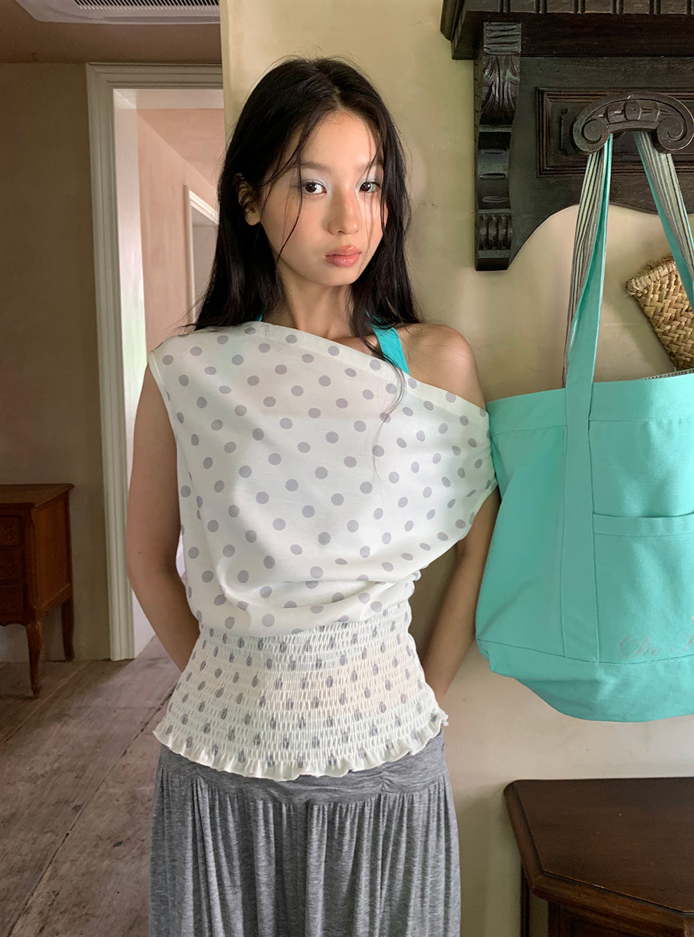 Dot Shirring Waist Top