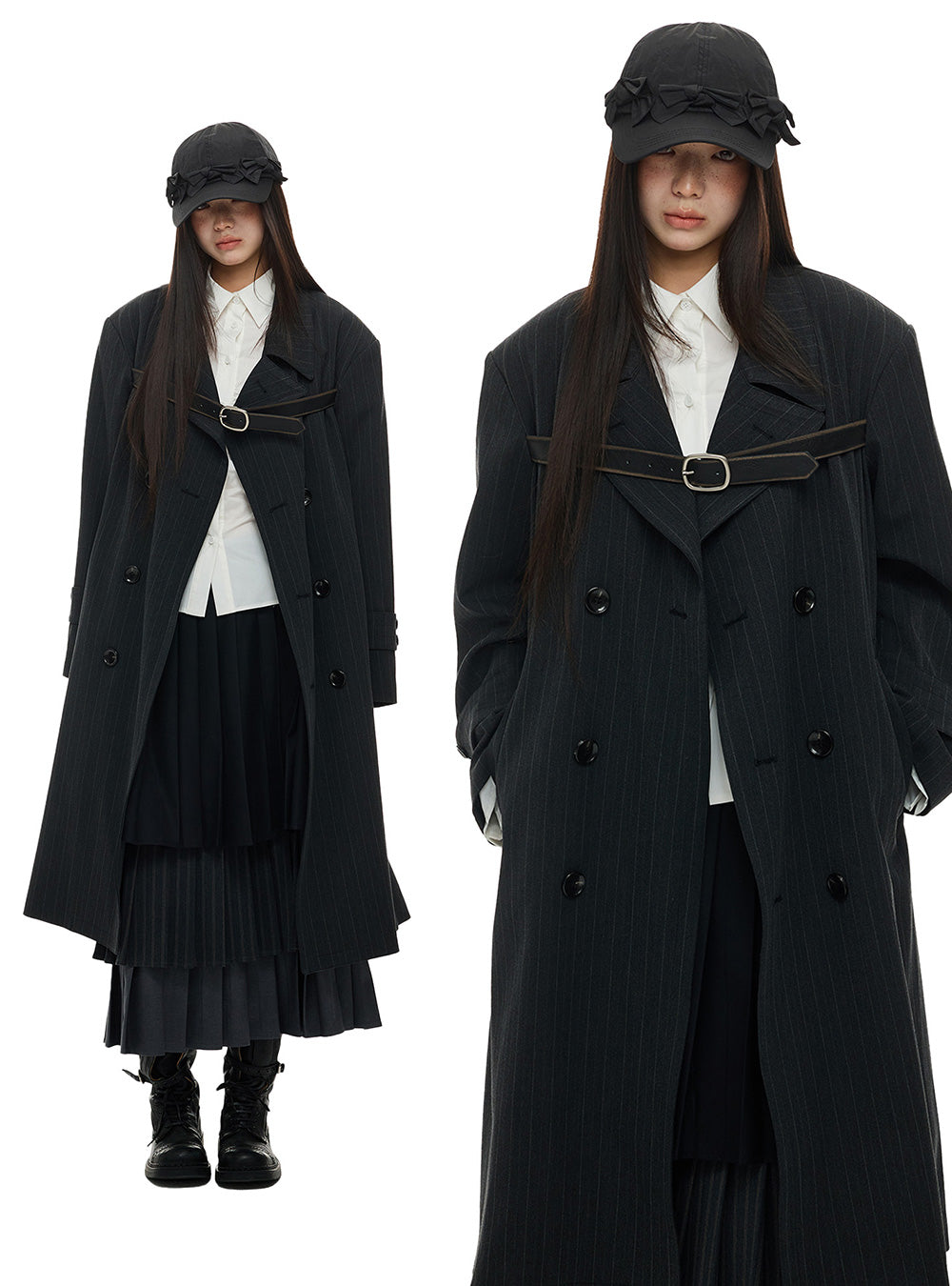 Belted Pinstripe Long Coat