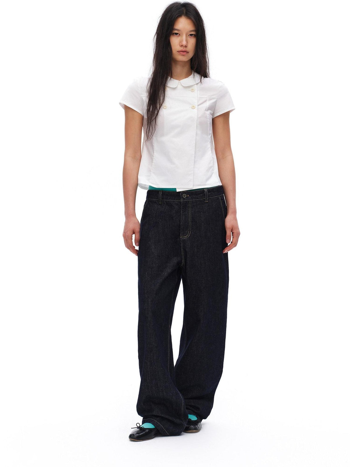 White Double Button Peter Pan Collar Slim Fit Short Sleeve Women'S Cotton Shirts