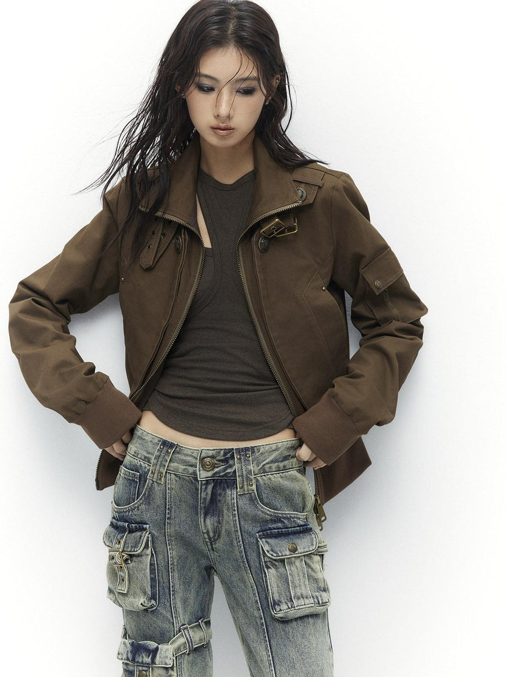 Plush Lined Waist Cinch Dark Goth Slim Fit Women Zip High Collar Cropped Jackets